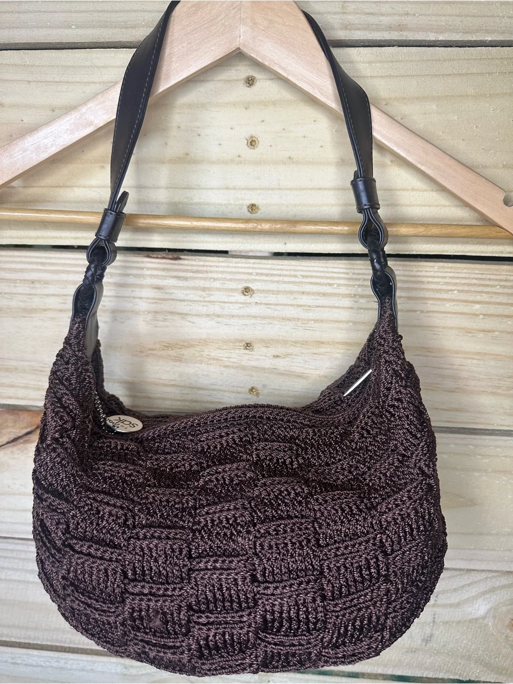 The Sak Vintage Brown Crochet Basketweave Hobo Shoulder Bag 6220 Good Condition